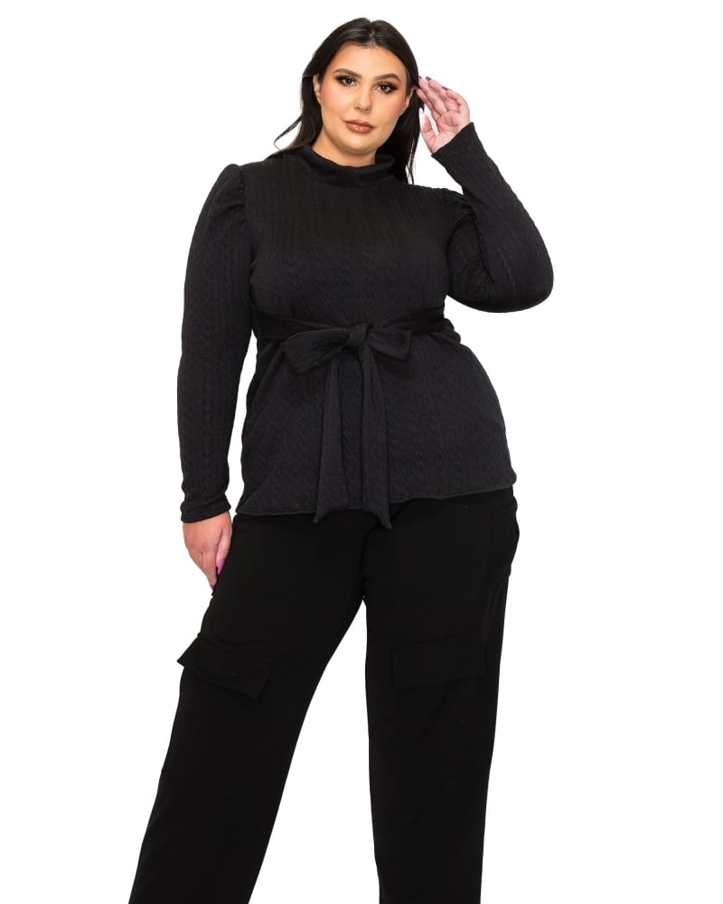Front of a model wearing a size 4X Catriona Waist Tie Sweater in Black by L I V D. | dia_product_style_image_id:324812